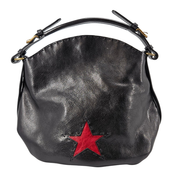 Black leather shoulder bag with a red star accent and adjustable strap