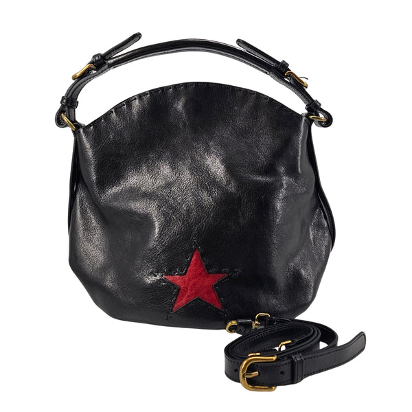 Black leather shoulder bag with red star and detachable crossbody strap