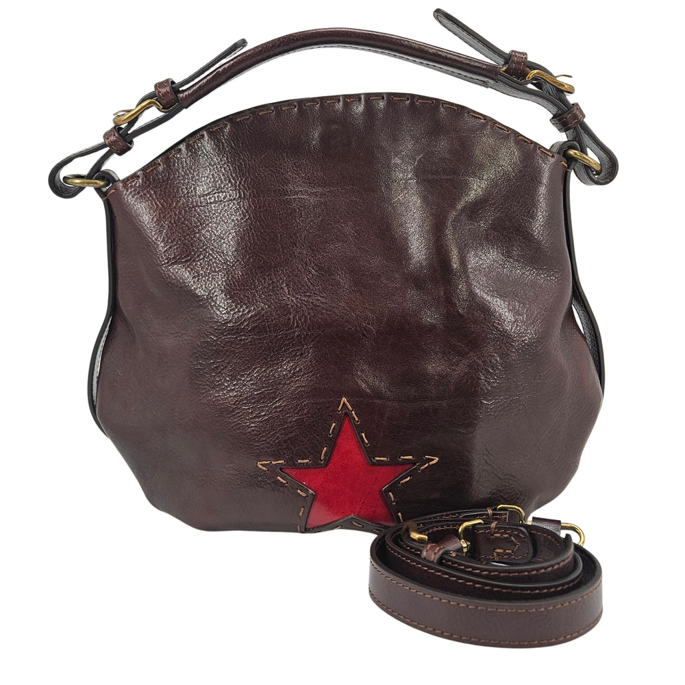 Brown leather star shoulder bag with red star applique and metal ring hardware