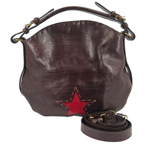 Brown leather star shoulder bag with red star applique and top handles
