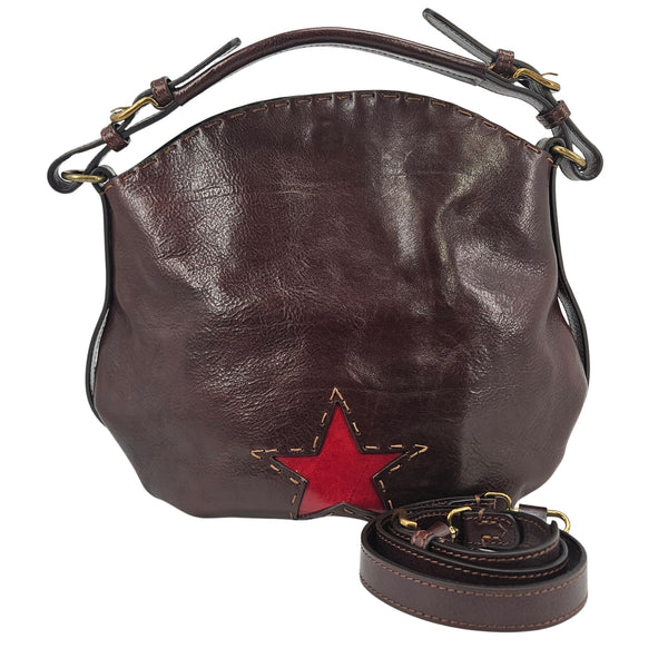 Brown leather star shoulder bag with red star applique and top handles