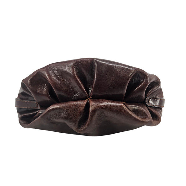 Brown leather gathered hobo bag with short handles and curved top edge