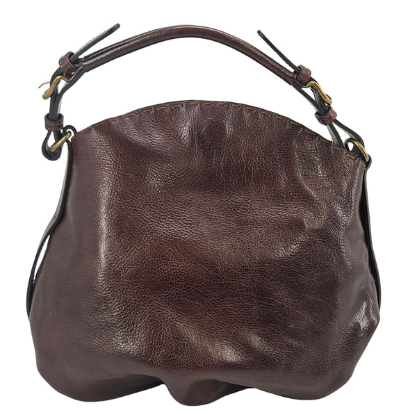 Brown leather shoulder bag with stitched texture and short top handles