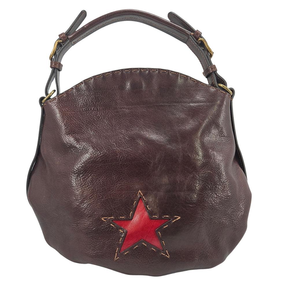 Brown leather star shoulder bag with red star applique and metal ring hardware