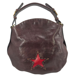 Brown leather star shoulder bag with red star applique and metal ring hardware