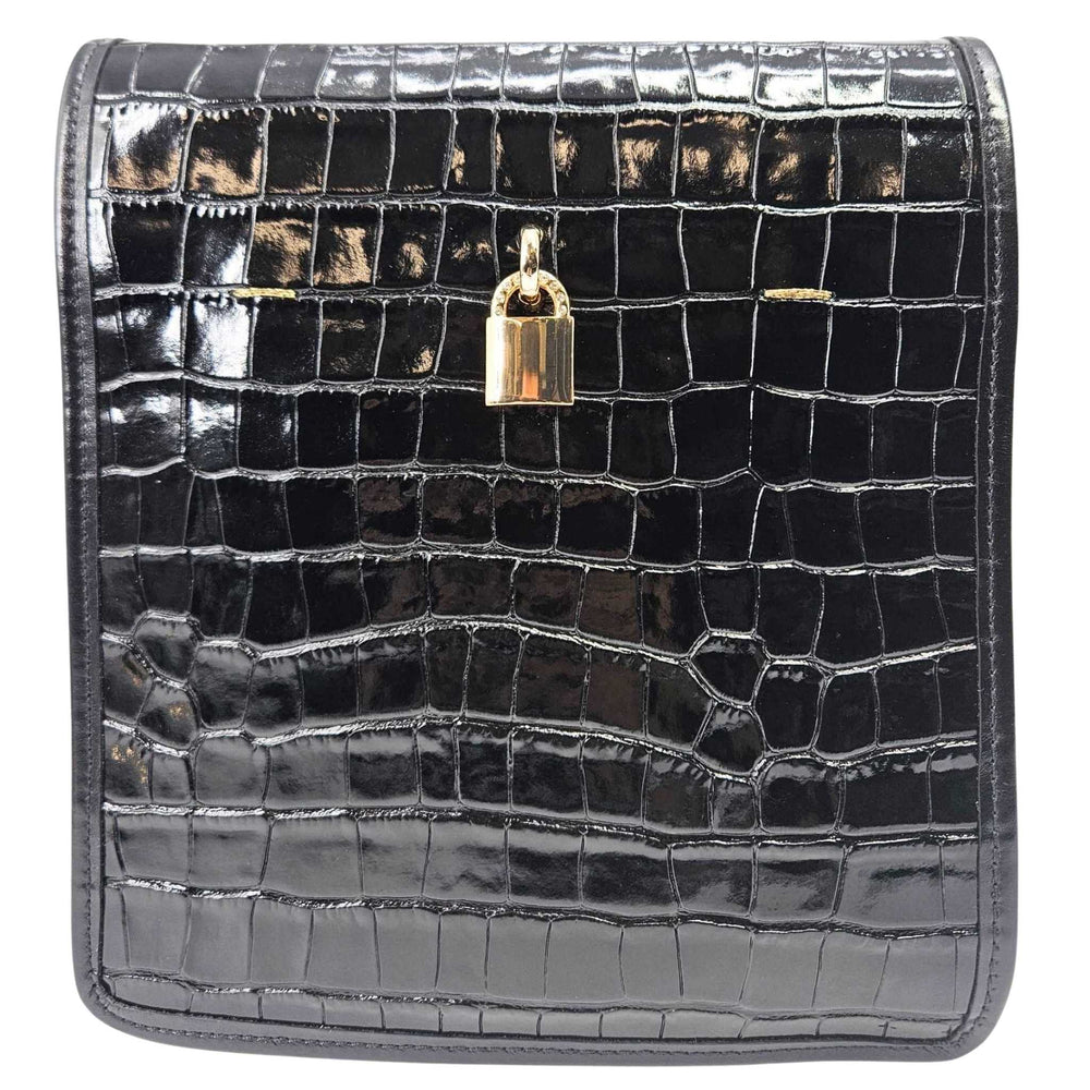 Black croc-embossed leather crossbody bag back with gold lock and stitched paneling