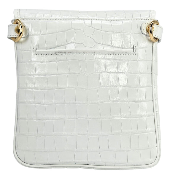 Off-white croc-embossed leather crossbody bag with top flap and side rings