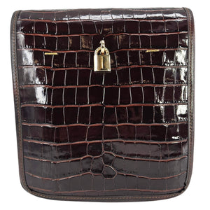 Chocolate croc-embossed leather crossbody bag with gold-tone padlock clasp