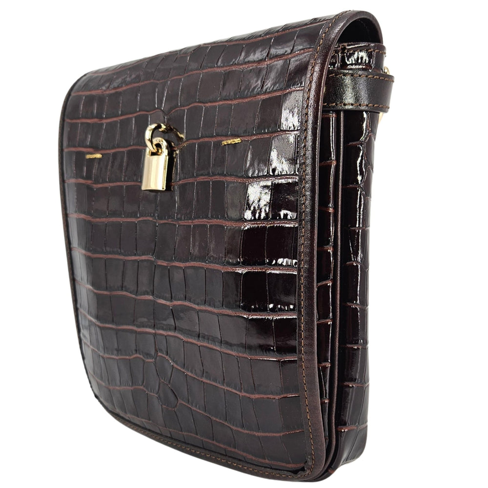 Chocolate croc-embossed leather crossbody bag with gold-tone padlock clasp