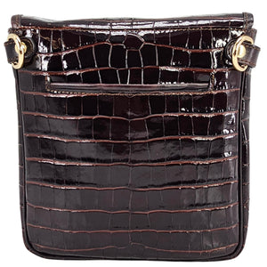 Chocolate croc-embossed leather crossbody bag with front flap and gold clasp