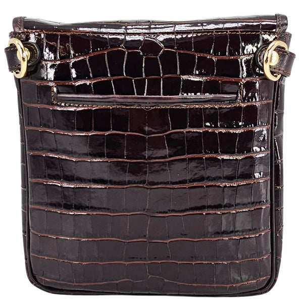 Chocolate croc-embossed leather crossbody bag with front flap and gold clasp