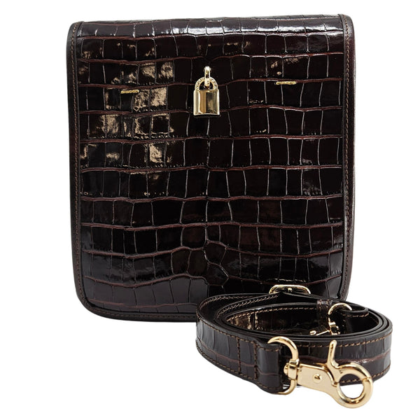 Chocolate croc-embossed leather crossbody bag with gold-tone lock and strap hardware