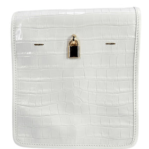 Off-white croc-embossed leather crossbody bag with front lock and gold-tone hardware