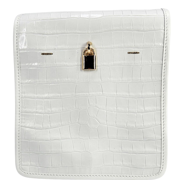 Off-white croc-embossed leather crossbody bag with front lock and gold-tone hardware