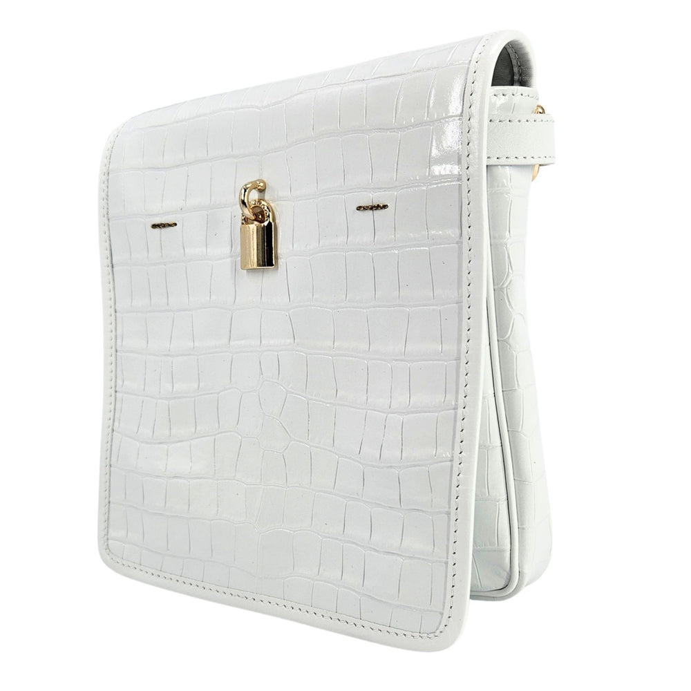 Off-white croc-embossed leather crossbody bag with front lock and gold-tone hardware