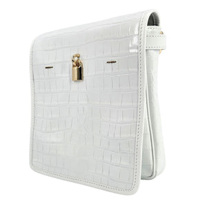 Off-white croc-embossed leather crossbody bag with adjustable strap and gold lock