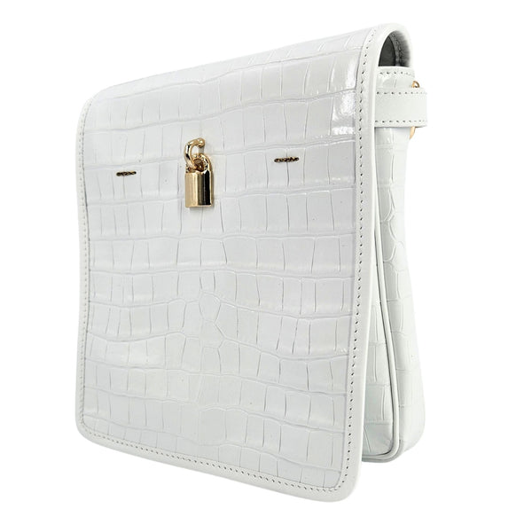 Off-white croc-embossed leather crossbody bag with adjustable strap and gold lock