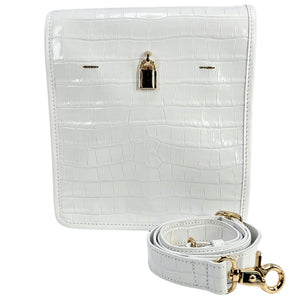 Off-white croc-embossed leather crossbody bag with removable strap and gold hardware