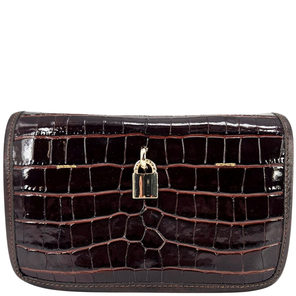 Small dark-brown croc-embossed leather crossbody bag, front view with gold padlock clasp