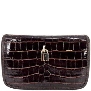 Small dark-brown croc-embossed leather crossbody bag, front view with gold padlock clasp