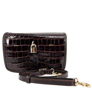 Small dark-brown croc crossbody bag with adjustable strap and front lock detail