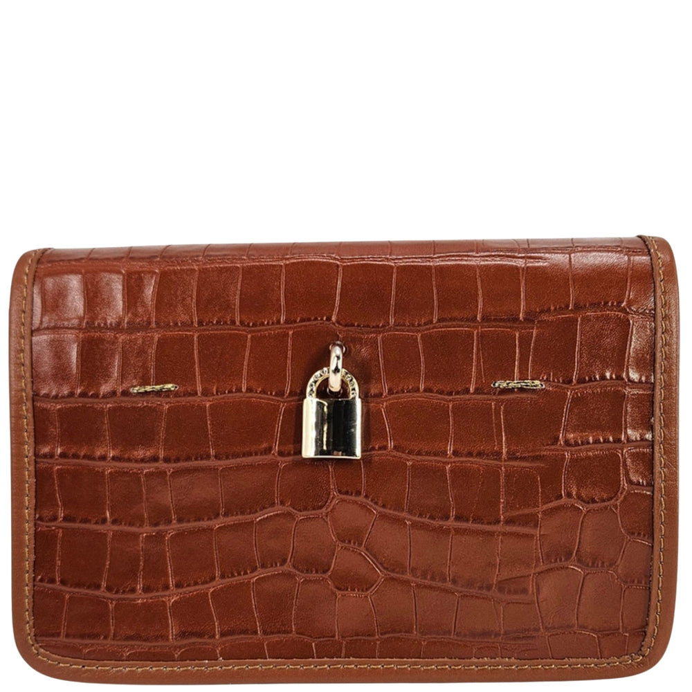 Tan croc-embossed leather mini crossbody bag with front lock clasp