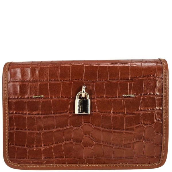 Tan croc-embossed leather mini crossbody bag with front lock clasp