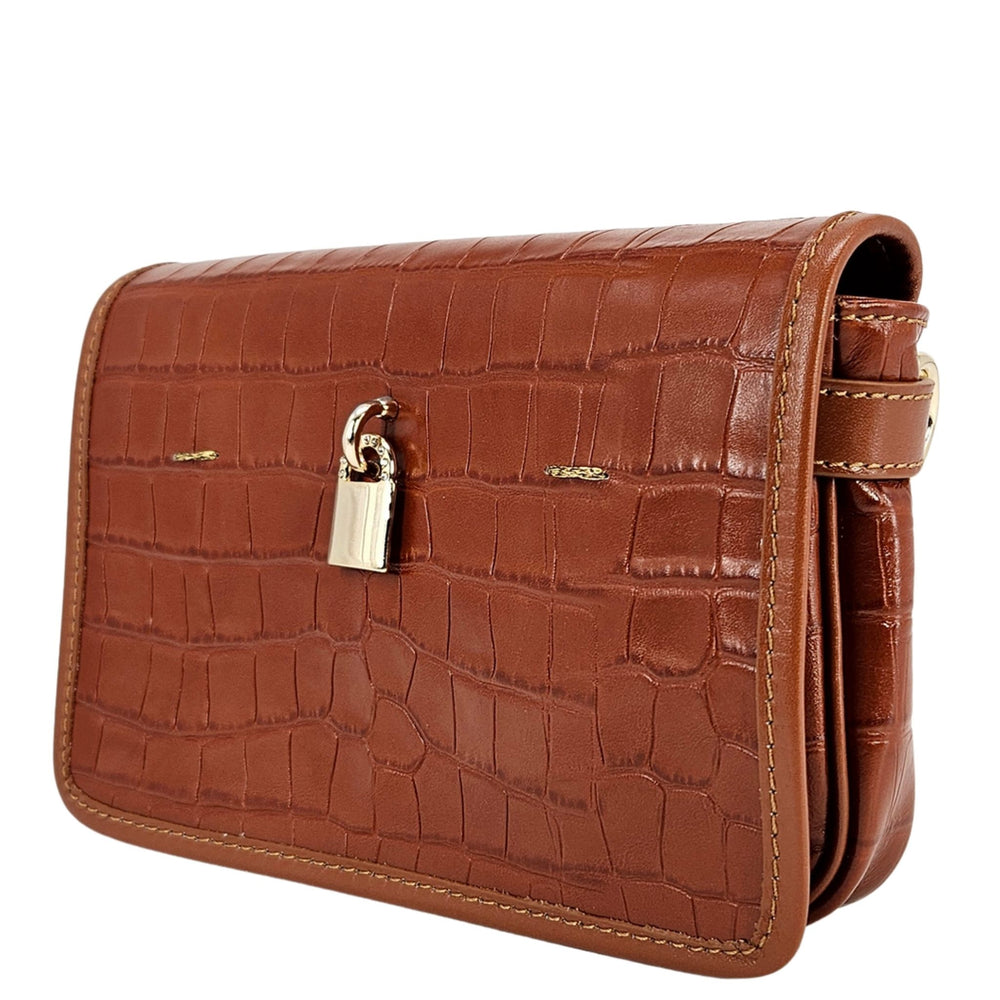 Tan croc-embossed leather mini crossbody bag with front lock clasp