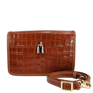 Tan croc-embossed leather small crossbody bag with metal buckle crossbody strap