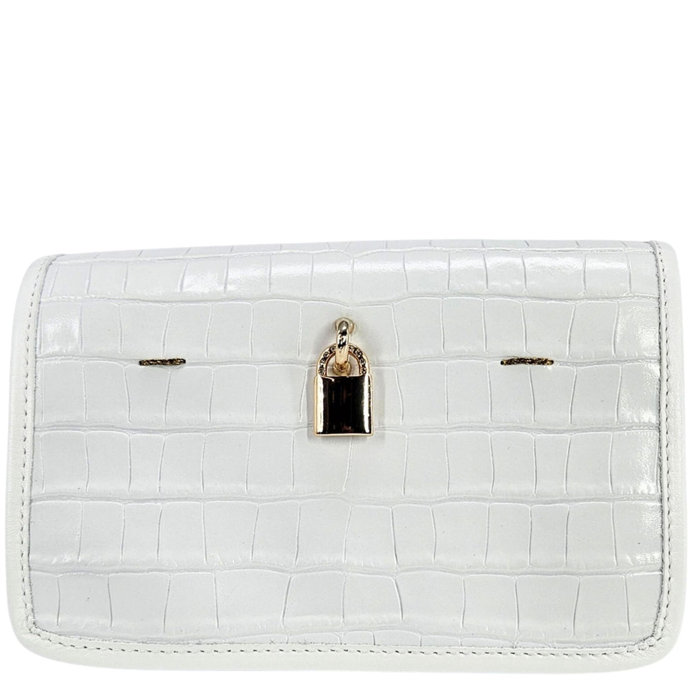 White croc-embossed small crossbody bag with top flap and gold lock closure