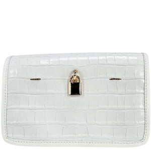 White croc-embossed small crossbody bag with top flap and gold lock closure