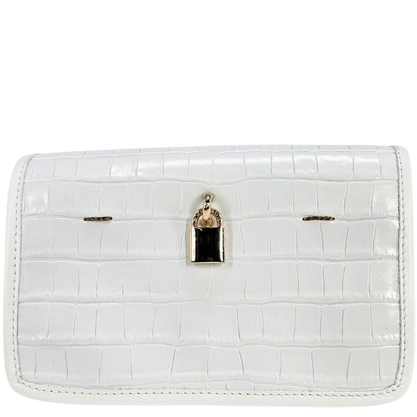 White croc-embossed small crossbody bag with top flap and gold lock closure
