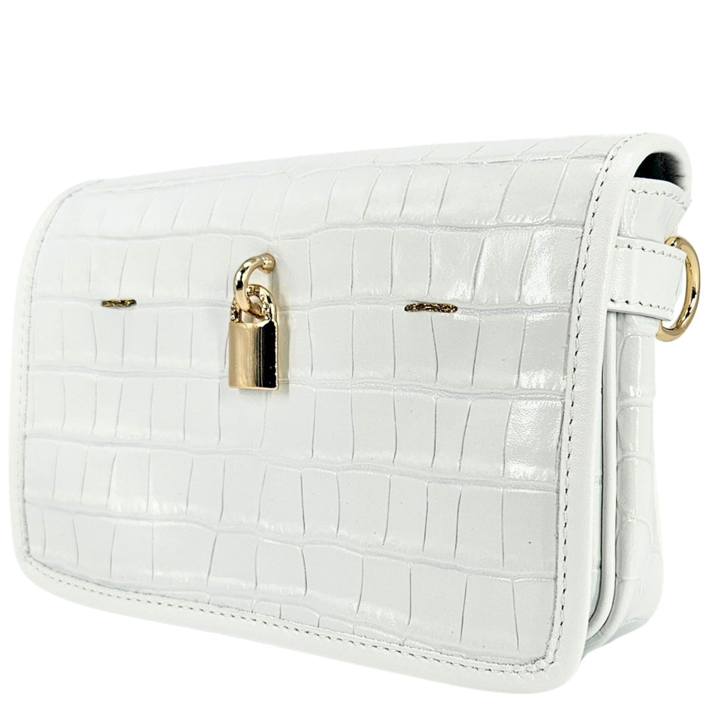 White croc-embossed small crossbody bag with top flap and gold lock closure