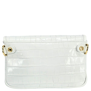 White croc-embossed small crossbody bag with back panel and gold snap clips