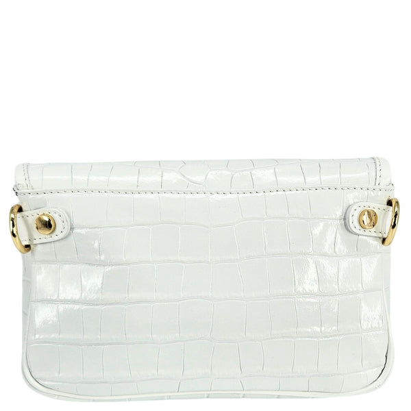 White croc-embossed small crossbody bag with back panel and gold snap clips