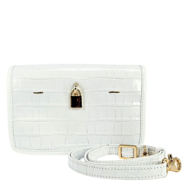 White croc-embossed small crossbody bag with adjustable strap and lock closure