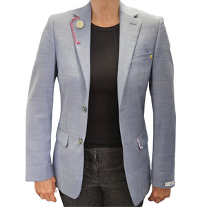 Light blue blazer front with notch lapels, button closure, flap pockets
