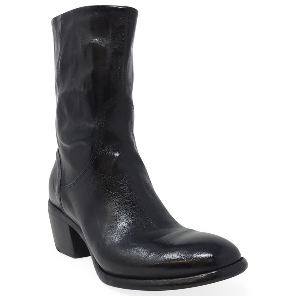 Black leather mid-calf boot with low block heel and side zipper, polished finish