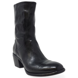 Black leather mid-calf boot, side profile with low block heel and side seam zipper