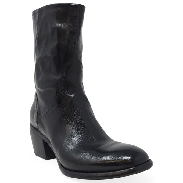 Black leather mid-calf boot, side profile with low block heel and side seam zipper