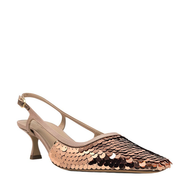 Gold sequined snip-toe slingback heel, pointed toe and short block heel