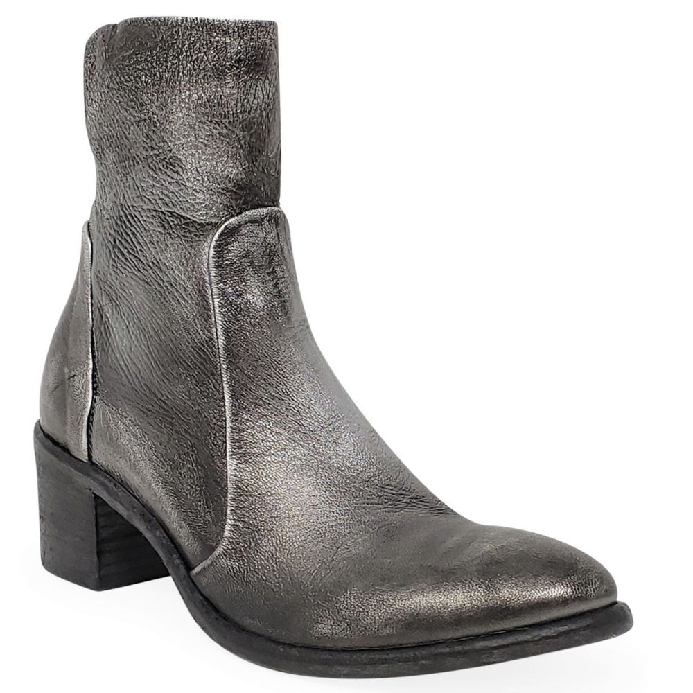 Silver leather ankle boot with stacked block heel and pull-on collar seam
