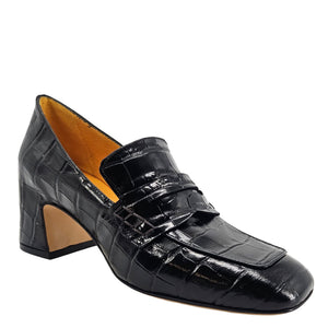 Croc-embossed leather loafer with chunky heel, penny-style moc detailing