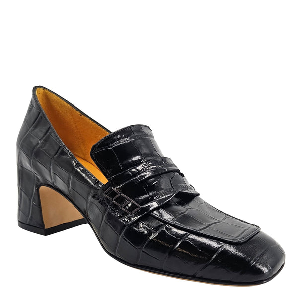 Croc-embossed leather loafer with chunky heel, penny-style moc detailing