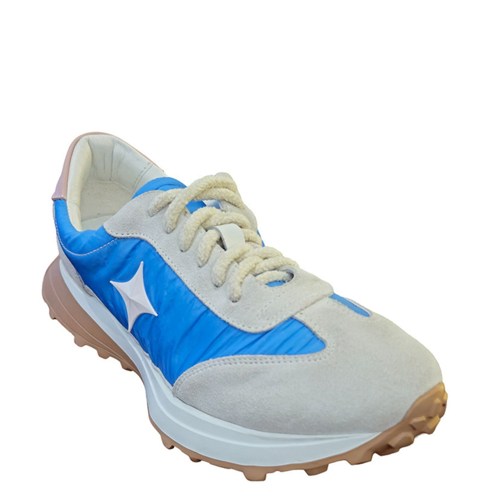 Light blue lace-up sneaker with white trim, star logo on side, rubber sole