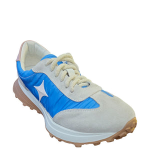 Light blue and white lace-up sneaker, star logo on side, textured outsole