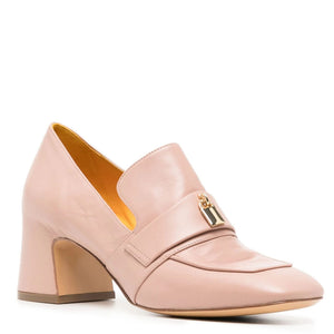 Light pink leather heeled loafer with square toe, strap and gold lock buckle