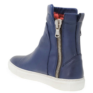 Navy leather double-zip ankle boot with centered zipper and white sole