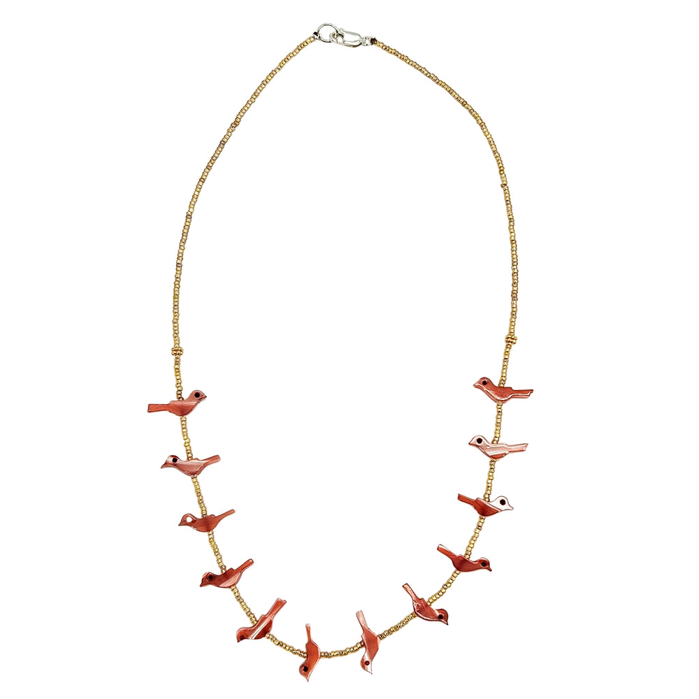 Red bird charm bead necklace with gold-tone chain and lobster clasp