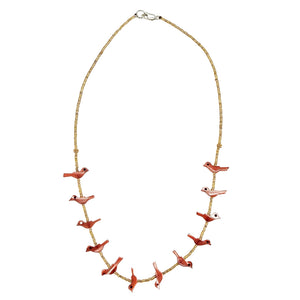 Red bird charm bead necklace with gold-tone chain and lobster clasp